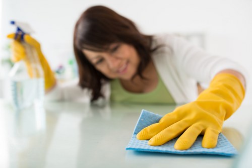 A cleaner preparing equipment for a scheduled cleaning visit in TW7